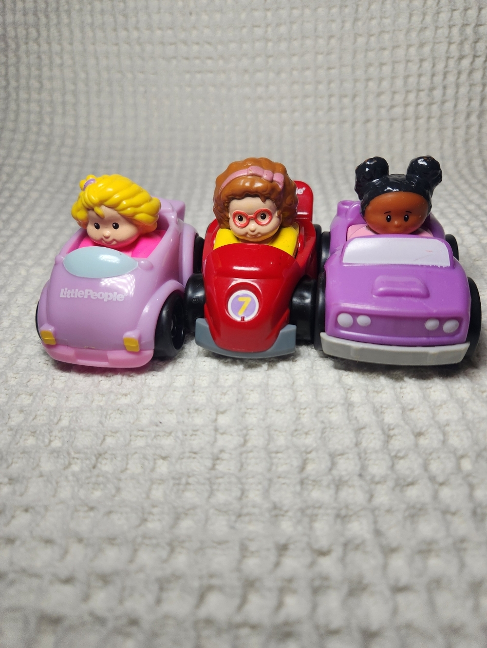Trio Of Little People Wheelies Toy Cars - Pink & Red & Purple
